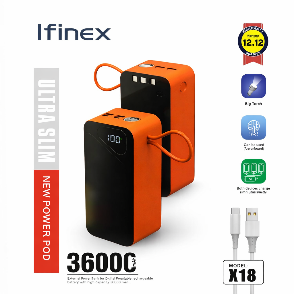 Ifinex Ultra Slim Power Bank – 36000mAh (Model X18)