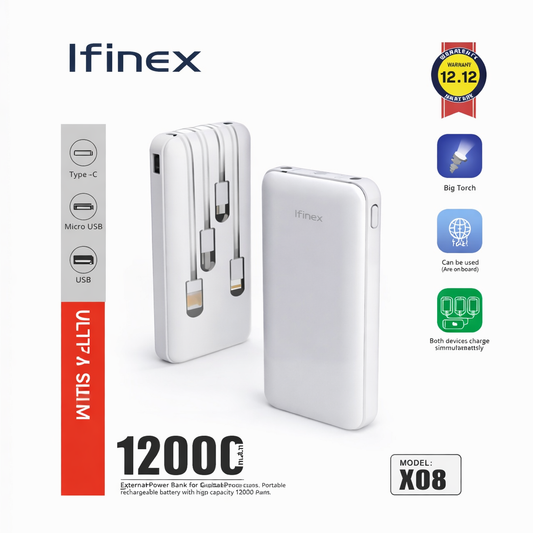 Ifinex Ultra Slim Power Bank – 12000mAh (Model X08)